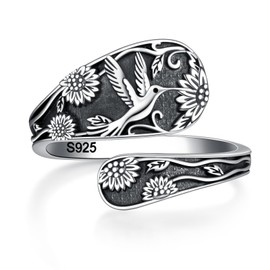 IOHUPCI Spoon Ring Sterling Silver Hummingbird Sunflower Spoon Ring Vintage Adjustable Thumb Ring Antique Jewelry Gifts For Women