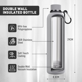 Exllena Insulated Water Bottles 1l with Clip, Double Wall Vacuum Drinks Bottle Keeps Drinks Cold 24 Hrs/Hot 12 Hrs, Stainless Steel Water Bottle BPA Free(Grey)