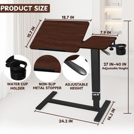 Adjustable Overbed Bedside Table with Wheels, Rotatable Desktop Height-Adjustable Bed Table with Wheels, Rolling Tray Desk for Couch Laptop & Hospital Use, Adjustable Tray Table (Rotatable-Wood Color)
