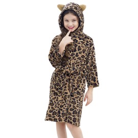 Doctor Unicorn Girls Leopard Cat Robe Kids Fleece Warm Hooded Bathrobe Classic - 6-7 Years