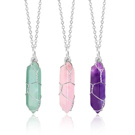 KISSPAT 3 Pcs Healing Crystals Necklace Real Stone Quartz Necklaces for Women | Hexagonal Wire Wrapped Crystal Necklace