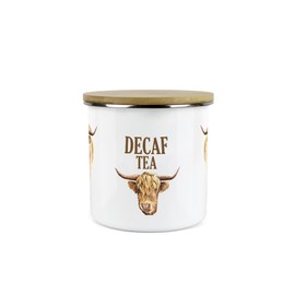 Purely Home Highland Cow Decaf Tea Canister - White Metal Enamel Kitchen Medium Sized Food Storage Container