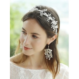 YERTTER 13.77" Wedding Head Pieces Floral Hair Vines Earrings Set Handmade Bride Hair Band Bridal Crystal Floral Headband Head Pieces for Wedding Prom Brithday Party (Silver)