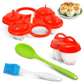 Egg Cooker for Hard Boiled Eggs (Set of 6) – Silicone Hard Boiled Egg Mold in 10–15 min, Boiling Pods Set for No Shell Poached Cooking with Stand, Brush & Spoon – Non-Stick Silicone, Not for Microwave