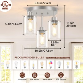 Feanron 3-Light Brushed Nickel Flush Mount Ceiling Light, Hallway Light Fixtures Ceiling Mount with Clear Glass Shades, Modern Close to Ceiling Light Fixtures for Kitchen Foyer Entrayway