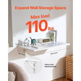 Happybuy Wall Mounted Folding Table, 39.4 x 19.7 inches Wall Mount Table, Floating Desk with Iron Bracket, Fold Down Desk for Small Spaces, Home Office, Dining, Laundry Room, Kitchen, Bar, White