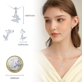 MICMIF Jewellery Set 925 Silver Women's Necklace Earrings Necklace Butterfly Pendant Stud Earrings Butterfly with Zircon 45 cm Chain Length Elegant Jewellery for Party/Anniversary/Birthday, Sterling