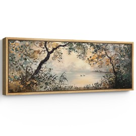 SIGNFORD Large Framed Canvas Print Wall Art Tranquil Forest Lake Impressionist Nature Landscape Illustrations Modern Art Relax/Calm Warm for Living Room, Bedroom, Office - 60"x20"