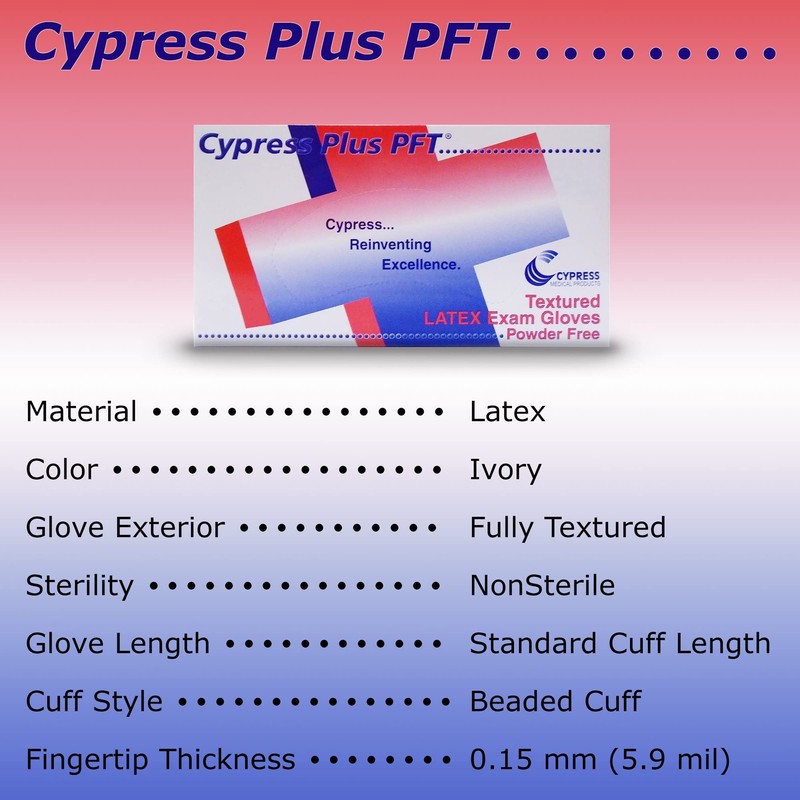 Cypress Plus PFT Latex Exam Gloves, Textured - Powder-Free, Non-Sterile