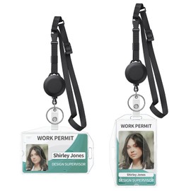 Uniclife 2 Pack Retractable ID Card Holder Adjustable Lanyards Flat Neck Lanyards with Badge Rolls Quick Release and Adjustable Length Black Nylon Straps with Double-Sided Clear Badge Holder