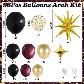 TAOYE Bow Kit Black And Gold Balloons, Brown Garland, 98 Pieces, Metallic Red With Stars For Birthdays, Graduations, Graduation 2025