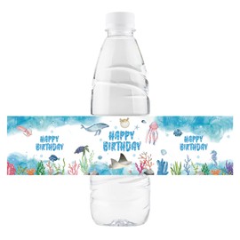 32 Pcs Sea Animal Happy Birthday Water Bottle Labels, Under The Sea Birthday Water Bottle Labels, Ocean Animal Waterproof Wrappers for Kids, Ocean World Themed Baby Shower Party Decorations