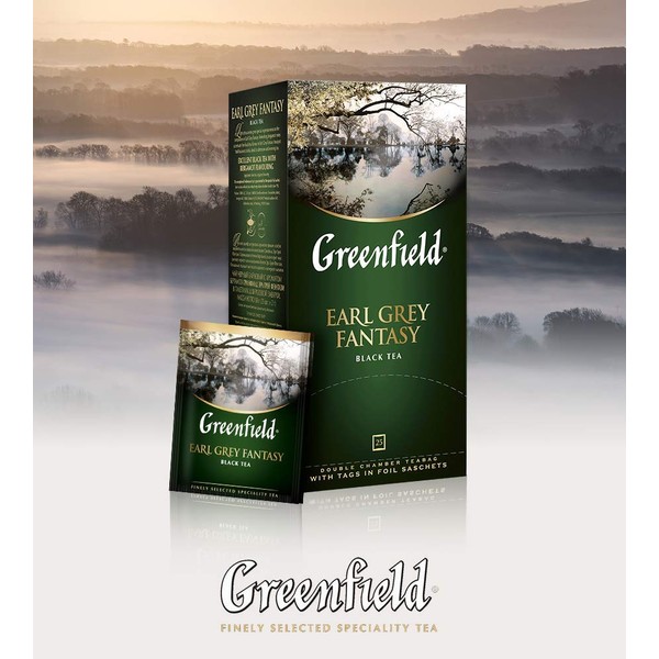 Greenfield Earl Grey Fantasy Сlassic Collection Black Tea Finely Selected Speciality Tea 25 Double Chamber Teabags With Tags in Foil Sachets
