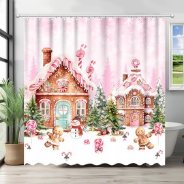 Fitumiw Christmas Pink Gingerbread House Shower Curtain 72" x 72" Pink Candy House Home Bathroom Decorations Snowy Winter Christmas Trees Bathtub Curtain Set with 12 Hooks