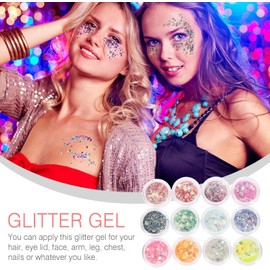 Lentejuelas Brillantes Cara y Uñas 12 Colores Gel de Purpurina Corporal Noche para Maquillaje de Festival y Fiesta Efecto Luminoso Seguro para Tejido