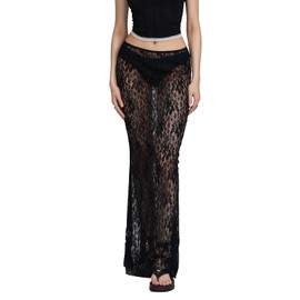 RUIWANBBY Women's Sexy Sheer Lace Maxi Skirt Summer Elegant See Through Sexy Flowy High Waist A-line Long Maxi for Beach Vacation (A-Black, M)