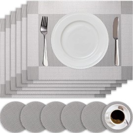 HEYOMART Placemats and Coasters Sets of 6, PVC Vinyl Table Mats Non-Slip Heat Resistant Washable Dinner Mats Place Mats for Kitchen Dining Table Home Restaurant, Grey