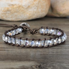 KELITCH Crystal Beaded Wrap Bracelet Natural Leather Bracelet Miyuki White Bracelets Jewelry (Clear 7B)