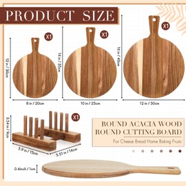 Hushee 3 Pcs Pizza Cutting Board Acacia Wood Cutting Board with Handle Round Chopping Board and Dish Rack Set Serving Platter Paddle and Plate Rack Stand for Cheese Bread Home Baking Fruits