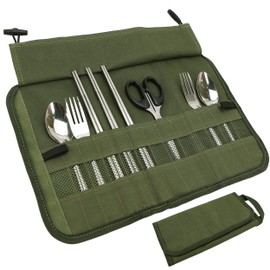Camping Utensil Roll Bag, Waterproof Chef Knife Cutlery Up Pouch Bag with 13 Slots For Fork, Spoon, Chopstick, Portable Professional Case Hold Storage Kitchen Cooking Set Travel Organizer, Army Green