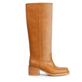 Gothictor Women's Brown Knee High Boots Square Toe Chunky Block Heel Comfortable Low Heel Pull on Wide Calf Riding Shoes for Women 8