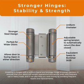 Double Action Spring Saloon Door Hinge | Cafe Doors, Door Hardware for in & Out Doorway Swing, Commercial Grade Double Swing Heavy Duty Door Hinge (Satin Chrome, 3 inch)