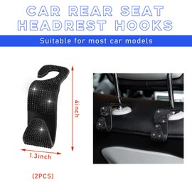 Ohleats 2 PCS Bling Car Seat Headrest Hooks, Crystal Rhinestone Back Seat Hanging Storage Organizer, Vehicle Seat Hanger Holder for Purse Handbag Coat, Interior Car Accessories (Black)