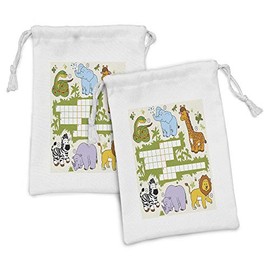 Ambesonne Word Search Game Fabric Pouch Set of 2, Colorful Crossword Game for Wild Jungle Savannah Animals Grid Print, Small Drawstring Bag for Toiletries Masks and Favors, 9" x 6", Multicolor
