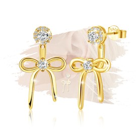 Sterling Silver Gold Bow Stud Earrings with Round Cubic Zirconia for Women Trendy Hypoallergenic Gorgeous Earrings for Women Fashion Jewelry Gifts