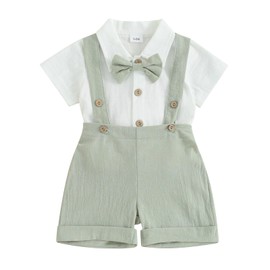HZPHQY Infant Baby Boy Gentleman Outfit Short Sleeve Lapel Collar Summer Romper Onesie Suspender Shorts Overalls Newborn Dress Clothes (A Green Bowtie, 3-6 Months)