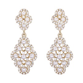 Clearine Wedding Bridal Clip On Earrings for Women Rhombus Crystal Simulated Pearl Hollow Chandelier Dangle Earrings Clear Gold-Tone