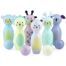 Mamabrum, Wooden Bowling Set for Children - Animals, Pastel Colours, 6 Wooden Discs, 4 Balls Children's Bowling, Skittles Game for Children, Bowling Set for Children Outdoor