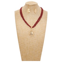 Coiris Seed Beads Statement Strand Necklace Choker with Tear Earring Pendant Chunky Cluster Strand Punk Metal Necklace for Women Jewelry(N0104-Dark Red)