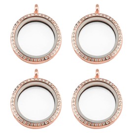 WANDIC Rhinestone Photo Charm, 4 Pieces Round Rose Gold Crystal Photo Pendant Bridal Wedding Bouquet Charms Memory Locket for 2 Pictures