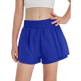 Haloumoning Girls Athletic Shorts High Waist Elastic 2 in 1 Running Shorts with Side Pockets 5-14 Years Royal Blue