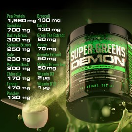 Super Greens Demon – Packed Full of Vegetables and Superfoods, Vegan & Vegetarian Friendly, Superfood Powder with No Artificial Ingredients or Bulking Agents (250g, 50 Servings)