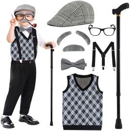 Elefama Old Man Costume for Kids Boys 5-7 100 Days of School Costume for Boys 100th Day of School Dress Up Grandpa Costume Outfit for Boys Kids Cane 100 Year Costume Old Person for Kids Boys