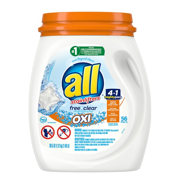 All Mighty Pacs Laundry Detergent With Oxi Stain Removers and Whiteners, Free Clear, Tub, 56 Count