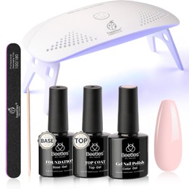 Beetles Nude Pink Gel Nail Polish Kit with UV LED Light Nail Lamp 6 Pcs Starter Kit Base Gel Top Coat Soak Off Nude Pink Polish Set with Nail File for DIY Manicure Gifts for Women