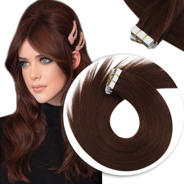 Sunny 16inch Tape in Hair Extensions Auburn Silky Straight Red Brown Human Hair Seamless Skin Weft Double Sided Tape Dark Auburn Hair Extensiosn Tape in 20pcs 50g