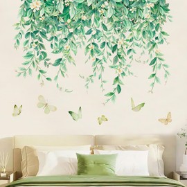 Joynine Wall Tattoo Hanging Green Leaves Vine White Flowers Wall Sticker Butterfly Wall Sticker Spring Decoration Wall Decor Wall Sticker for Living Room Bedroom Sofa Background Children's Room