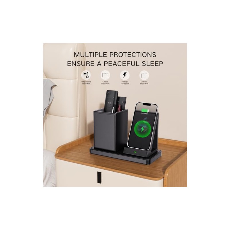Multi-Functional Vegan Leather Desk Organizer with Wireless Charger