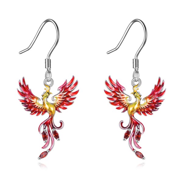 Phoenix Earrings for Women 925 Sterling Silver Red Phoenix Dangle