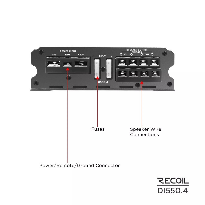 Recoil DI550.4 Full-Range Class-D 4-Channel Car Audio Amplifier, Bridgeable