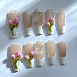 Handmade French Tip Press-On Nails with Hand-Painted 3D Tulip Flower Design, Reusable Hand-Painted Nails, Including Tool Kit, 10 Pieces (SHN015-M, Medium)