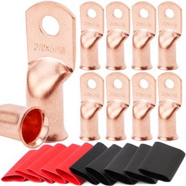 TKDMR 10pcs 2/0 AWG-5/16" Battery Lugs,Copper Wire Lugs,Heavy Duty Battery Cable Ends,Tubular Ring Terminals,AWG Crimp Wire Ring Lugs,Battery Terminal Connectors with 3:1 Heat Shrink Tubing