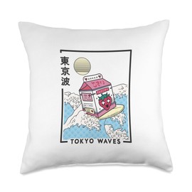 TOKYO WAVES Strawberry Milk Carton Waves Anime Kawaii Aesthetic Throw Pillow, 18x18, Multicolor