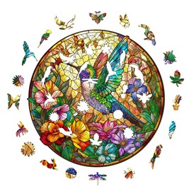 Aeekdook Wooden Puzzle for Adults, Stained Glass Hummingbird Puzzle, Unique Animal Shape Puzzles, Wooden Jigsaw Puzzles for Adults, Thanksgiving for Family Friend (S-8.5 * 8.5in-100psc)