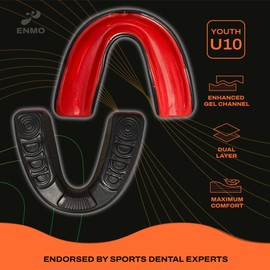 Enmo Maxilla Gel Gum Shield - Youth Under 10 Mouth Guard with Case for Rugby, Boxing, Hockey and Contact Sports - Mouthguard with Boil & Bite, Breathing Channel Tech, Dual Layer - Black/Red