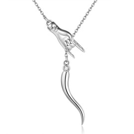 YAFEINI Italian Horn Hand Necklace Sterling Silver Cornicello and Mano Cornuto Birthstone Necklace Good Luck Italian Protection Amulet Pendant Jewelry for Women Girls, Sterling Silver, No Gemstone
